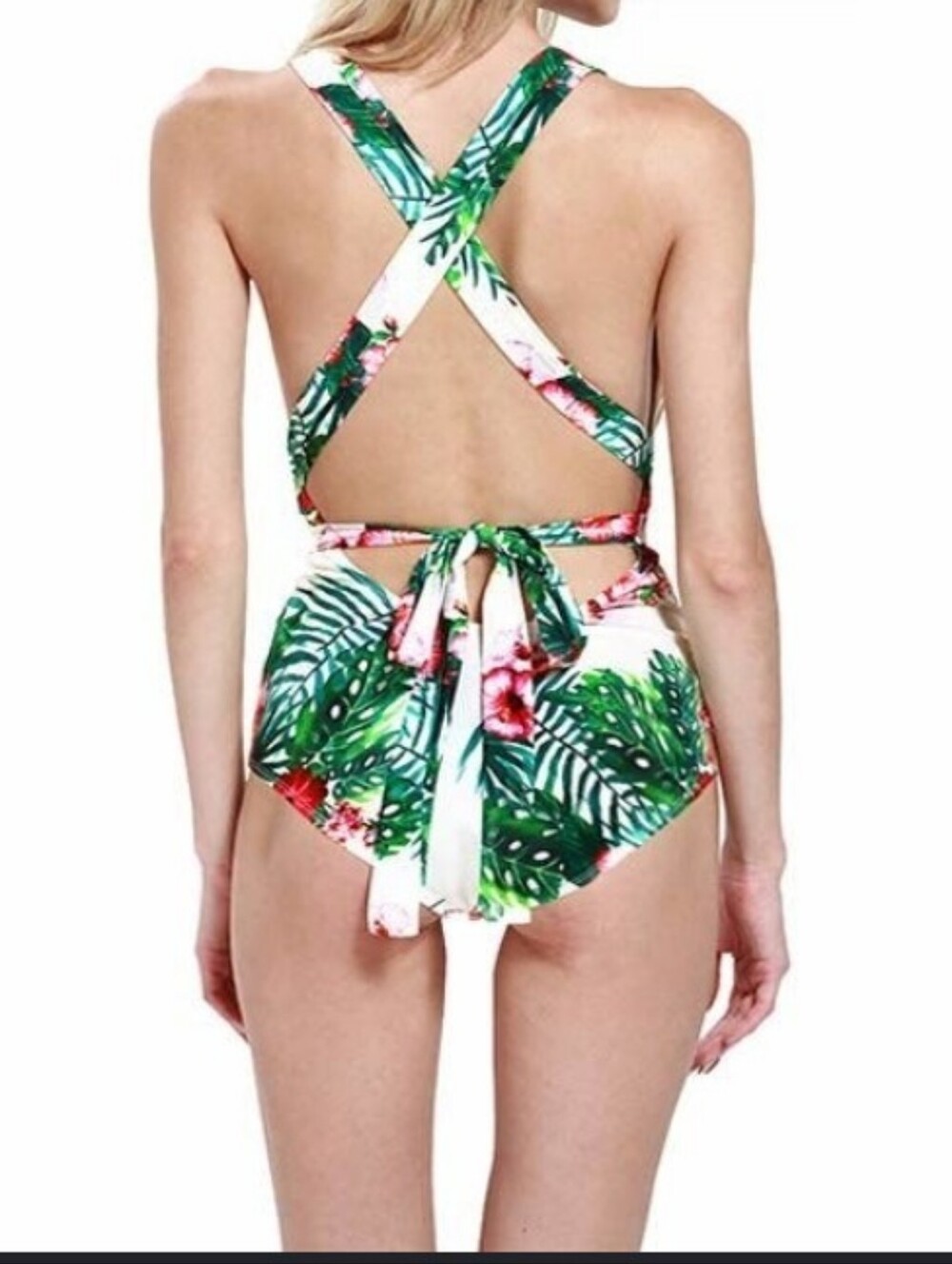 Floral Womens Swimwear Size L Halter Neck Monokini Tropical White Green Cut Out - Picture 2 of 11